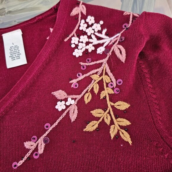 Laura Ashley Womens Burgundy Floral Embroidered V-Neck Sweater L Romantic Boho - Picture 9 of 12